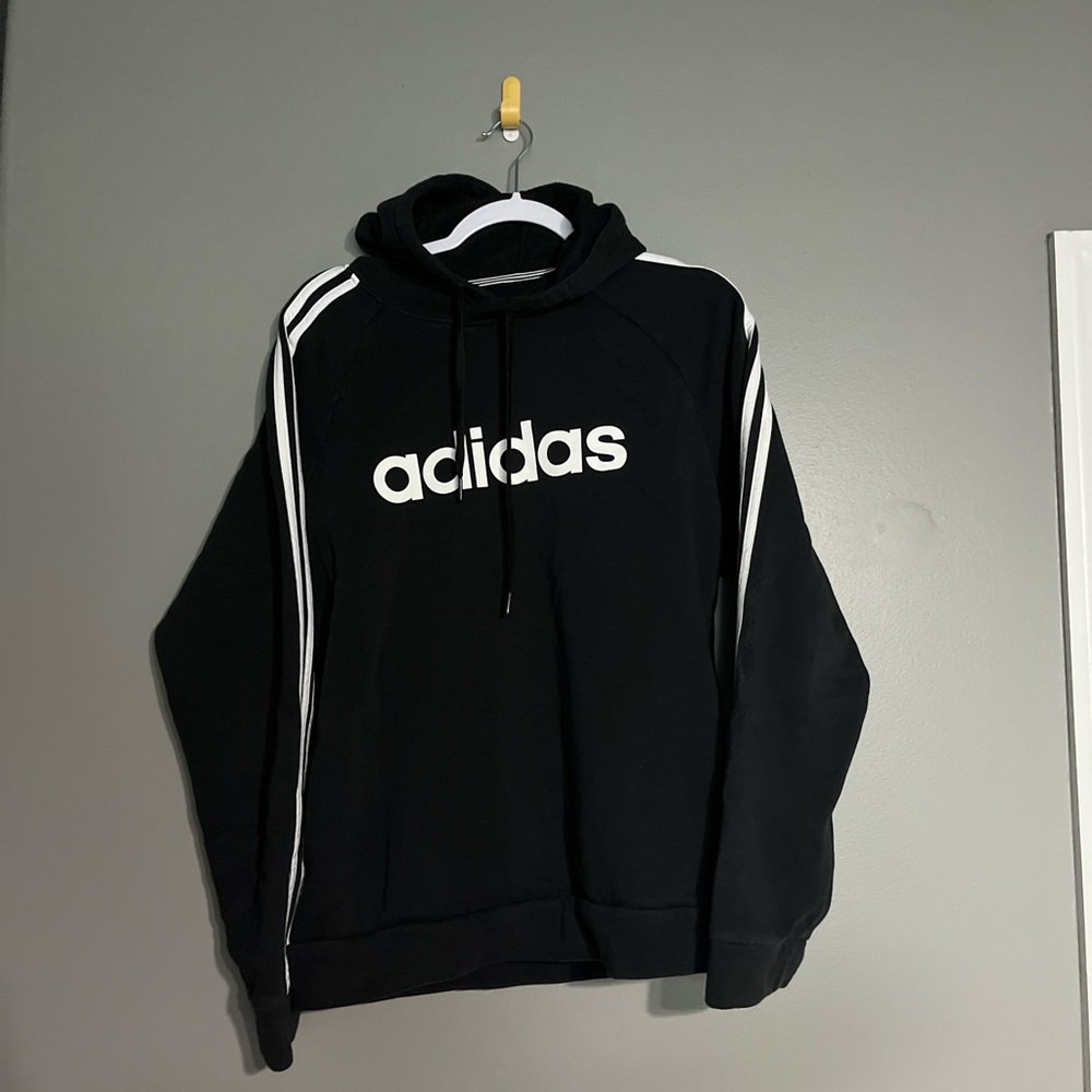 Adidas Men's Black Hoodie with White Stripes